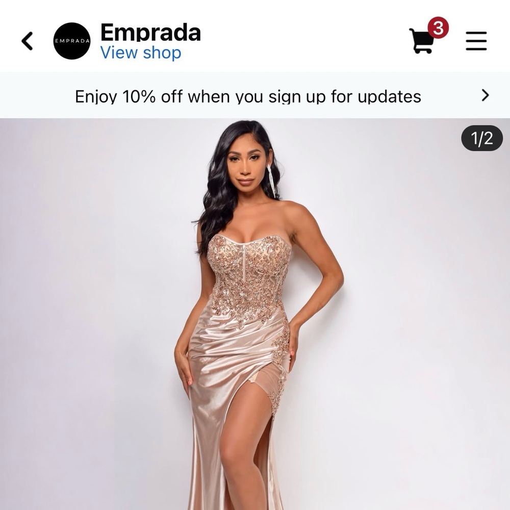 New!! Emprada Strapless Champagne Satin Corset Gown with Beaded Bodice